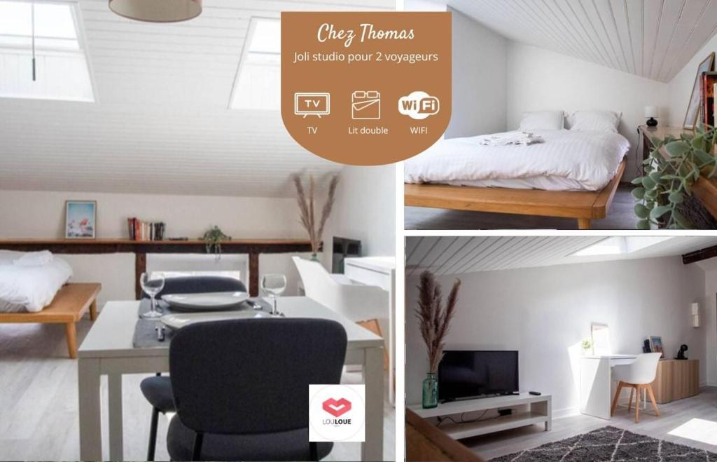 un collage di foto di una camera da letto e di un soggiorno di Chez Thomas - Bel appartement à Poitiers ! a Poitiers