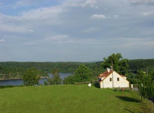 a house in a field next to a body of water at Penzion Fousek in Zvíkovské Podhradí