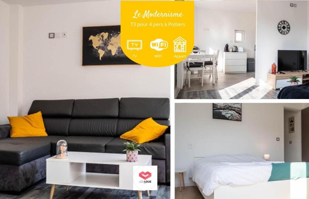 a collage of photos of a living room and dining room at Le Modernisme - Joli T3 lumineux pour 4 pers in Poitiers