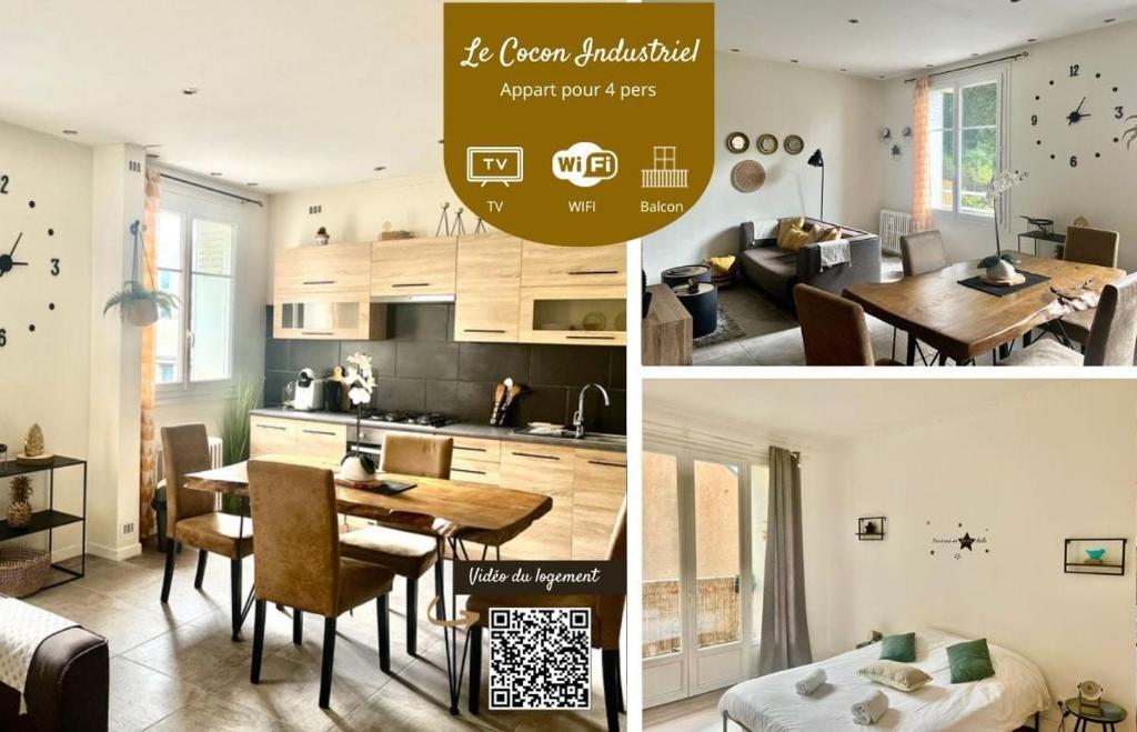 ポワティエにあるLe Cocon Industriel - Superbe appart T2 cosyのキッチン、リビングルーム(テーブル、椅子付)