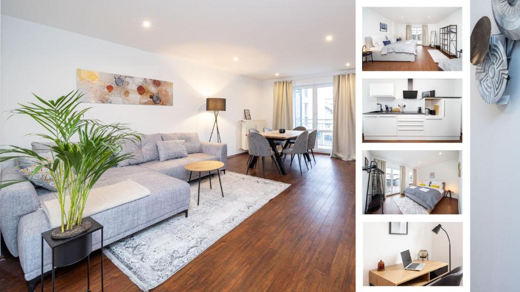 - un salon avec un canapé et une table dans l'établissement LaDolceVita - 100m2 Apartment in Zentraler Lage, à Olching