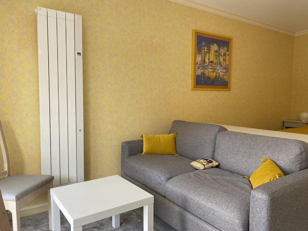 a living room with a couch and a table at 533 - Appartement T1 situé à quelques pas de la grande plage d'Erquy et du centre in Erquy