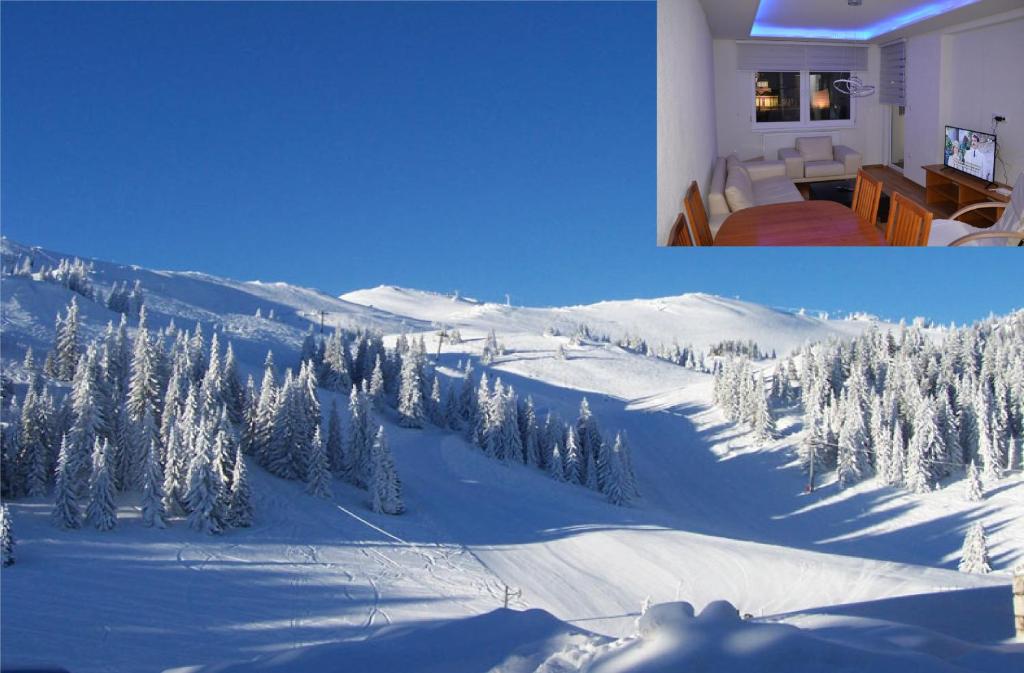 Zimmer mit Blick auf einen schneebedeckten Berg in der Unterkunft Stan Dobrinja 1-4 Jahorina/Bjelašnica za 20ak min in Sarajevo