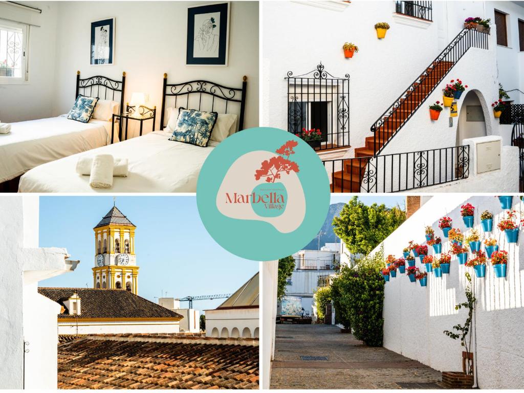 a collage of photos of a hotel room with a clock tower at Escuela Village in Marbella
