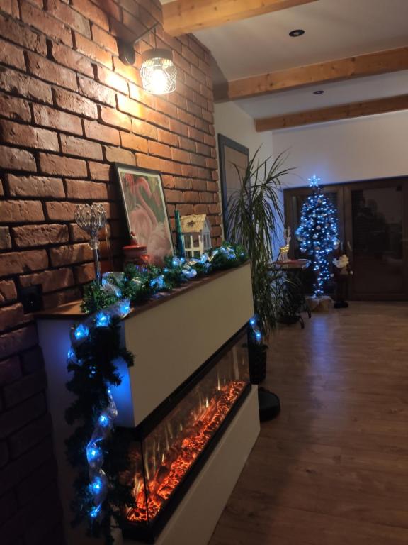 a living room with a fireplace and a christmas tree at Apartament Góry Bardzkie in Bardo