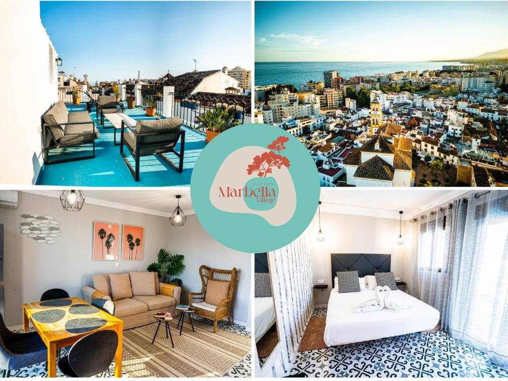 un collage di foto di un soggiorno con vista di Ancha Village a Marbella