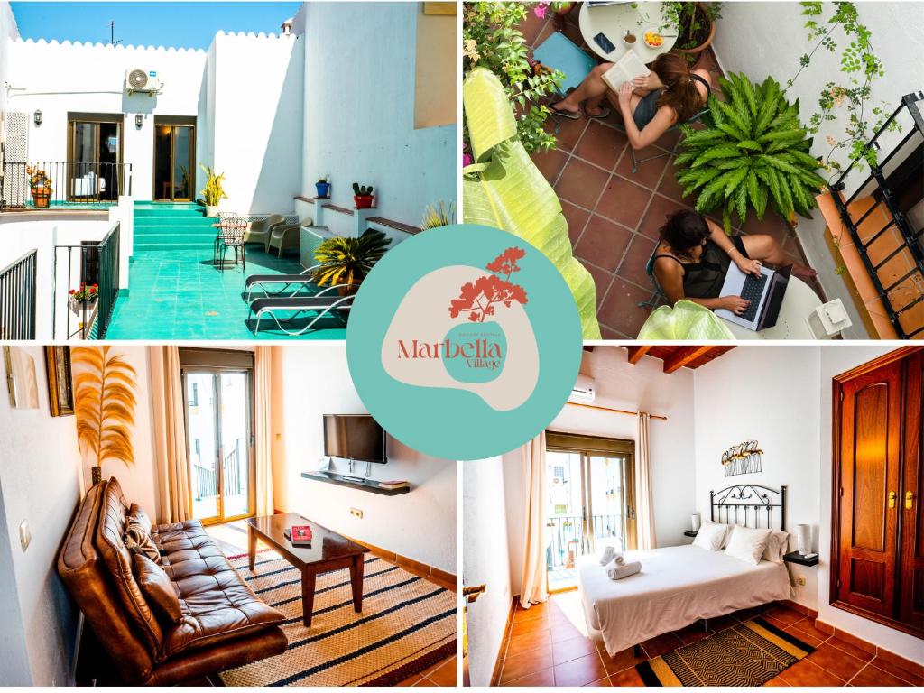 a collage of four pictures of a living room at Marbella Village in Marbella