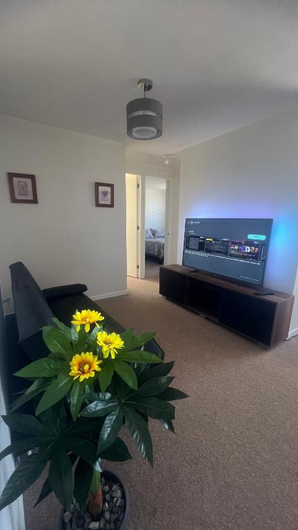 una sala de estar con TV y una planta con flores amarillas en Amplio y Cómodo Departamento, en Puerto Montt