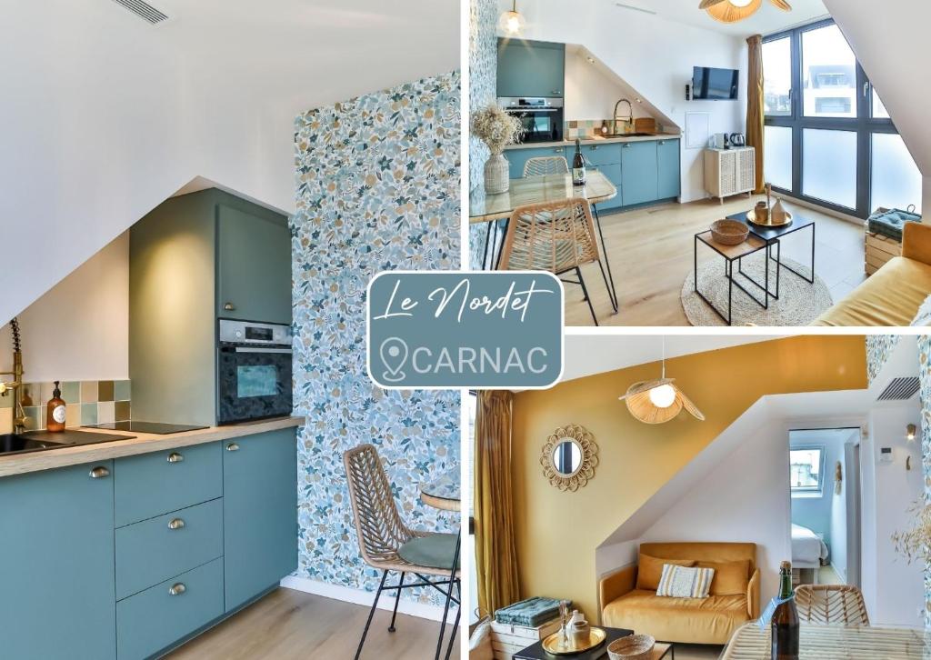 een collage van foto's van een keuken en een woonkamer bij Les Voiles - Appart'hotel "Le Nordet" in Carnac