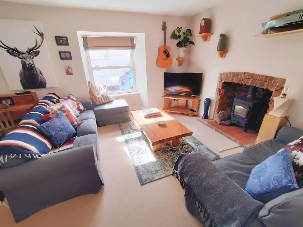 sala de estar con sofá y chimenea en Cosy House Close To Stunning Beaches en Braunton
