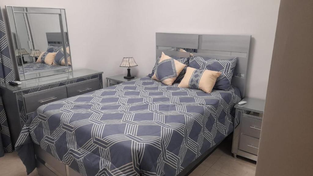 a bedroom with a bed and a large mirror at Palmer in Santiago de los Caballeros