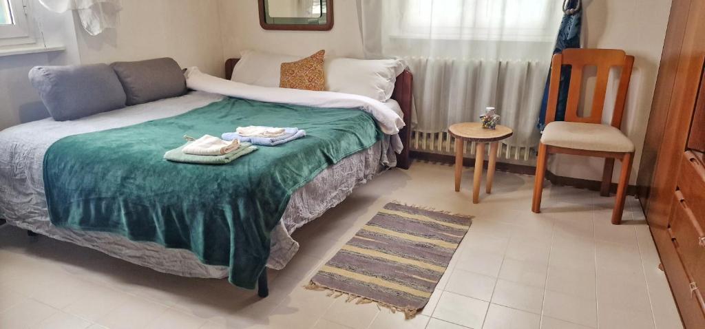 1 dormitorio con 1 cama con manta verde y silla en Monstera room Vicino al centro, en Perugia