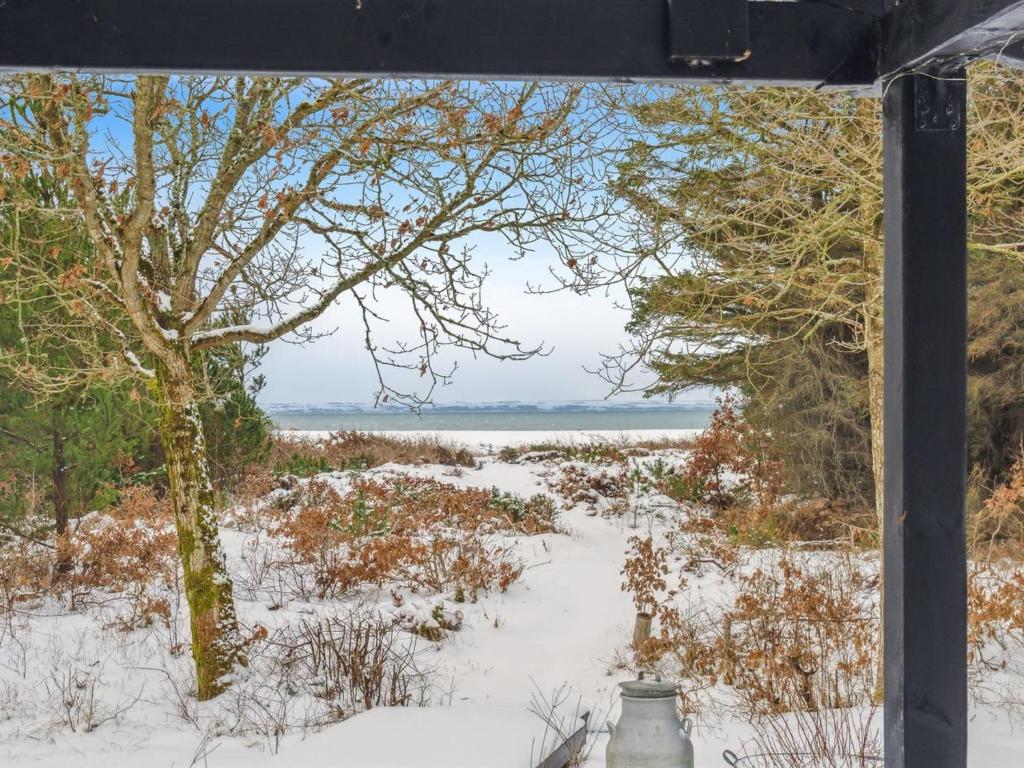una ventana con vistas a un campo de nieve con un árbol en Holiday Home Melisa - 100m to the inlet in The Liim Fiord by Interhome, en Sønder Ydby