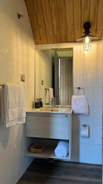 La salle de bains est pourvue d'un lavabo et d'un miroir. dans l'établissement AncudLodge, à Ancud