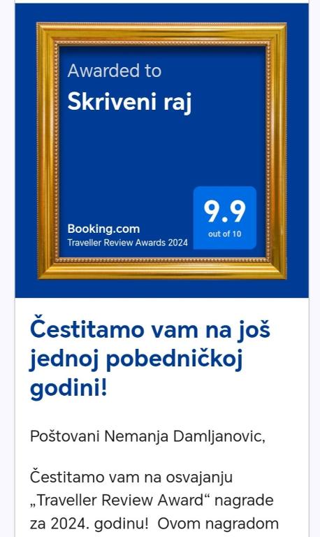 Certifikát, hodnocení, plakát nebo jiný dokument vystavený v ubytování Skriveni raj