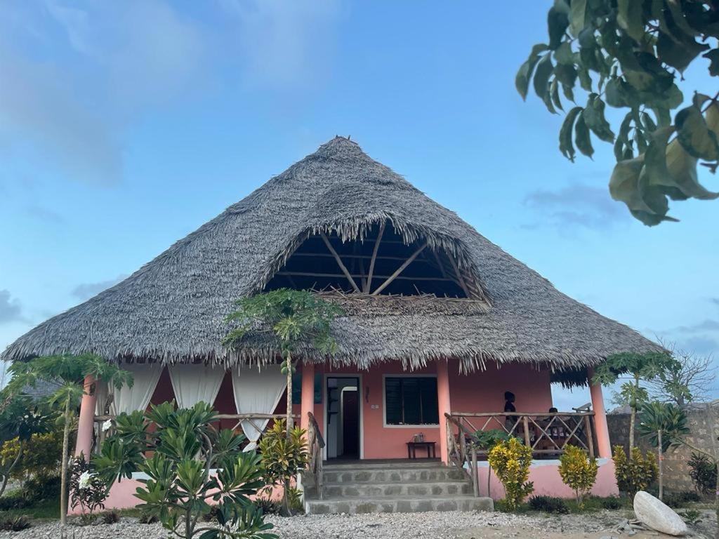瓦塔姆的住宿－SAMAKI VILLAGE，一座带茅草屋顶的粉红色小房子