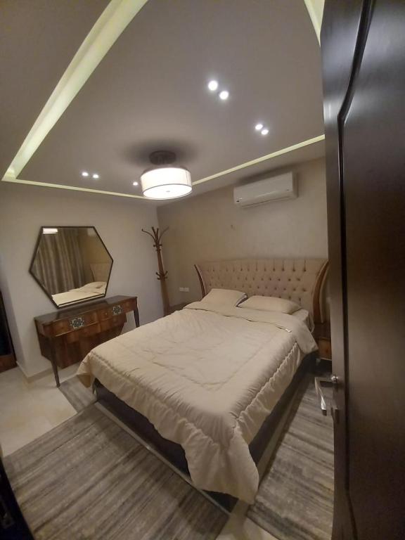 1 dormitorio con 1 cama grande y espejo en شقه مفروشه مجهزه 5***** en El Cairo
