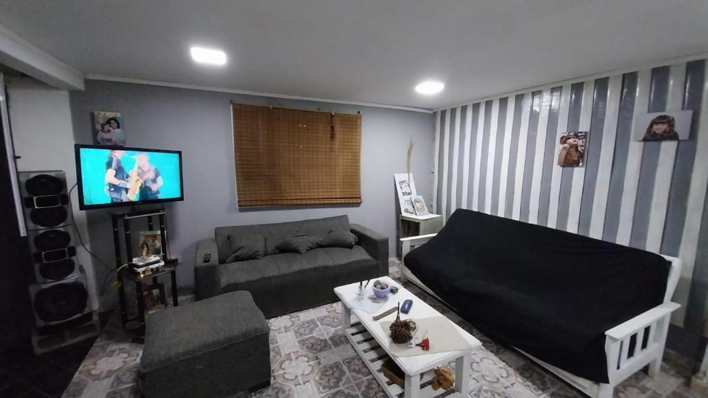 een woonkamer met een bank en een tv bij Hostal La Palmera in Ezeiza