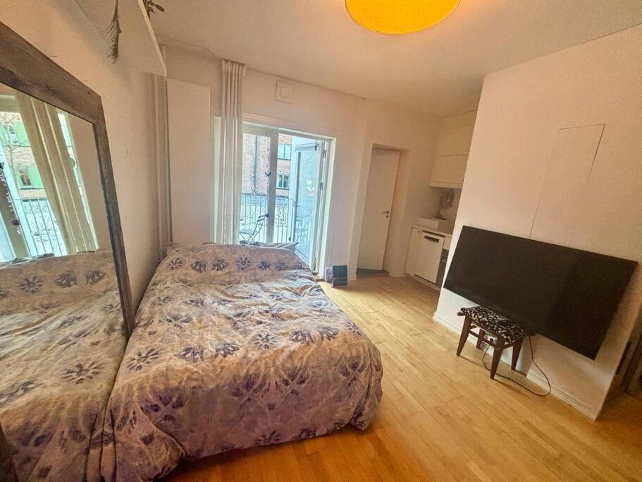 a bedroom with a bed and a flat screen tv at Studioleilighet in Oslo