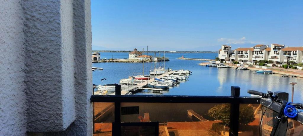 une vue d'une marina avec des bateaux dans l'eau dans l'établissement Résidence Palmyra - T2 mezzanine - 6 personnes - clim en option - piscine inclus MAE-5774, au Barcarès