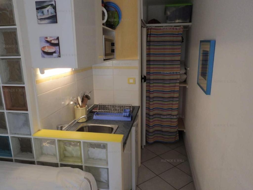 une petite cuisine avec un évier et un réfrigérateur dans l'établissement Résidence Port Nature Colline 2 - Studio 2 pers - Port Nature Colline 2 MAE-6184, au Cap d'Agde