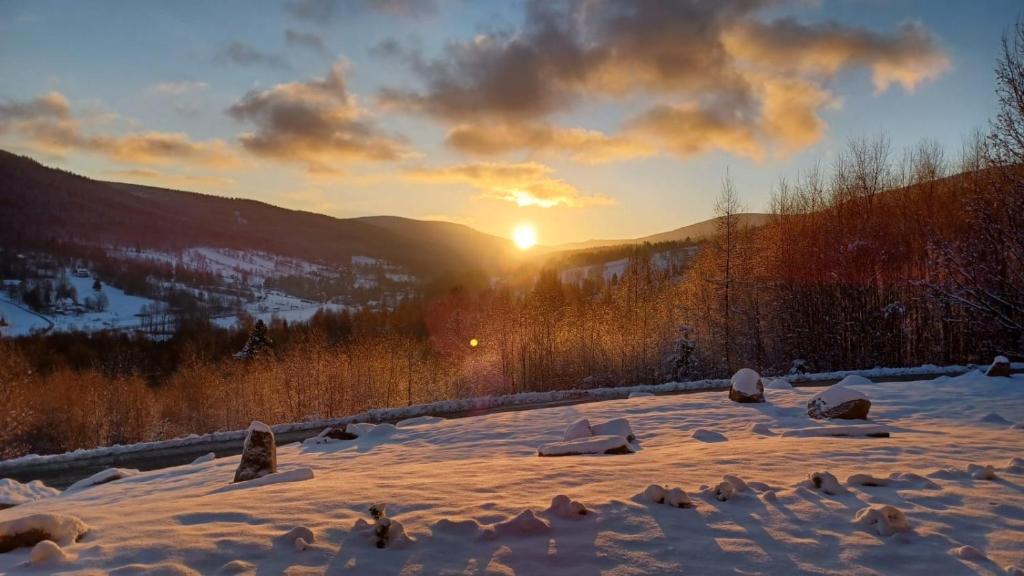 een besneeuwd veld met zonsondergang op de achtergrond bij Apartamenty Kalina z widokiem na góry - Kilińskiego in Świeradów-Zdrój
