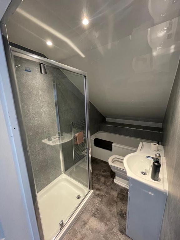 een badkamer met een douche, een toilet en een wastafel bij Coastal home with lots of space 5 bedrooms. in Buckhaven