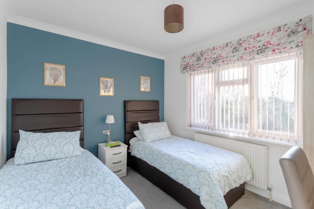 two beds in a bedroom with blue walls and windows at Room in Guest room - Apple House Wembley Twin Room in Edgware