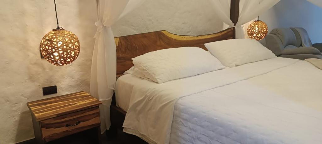 1 dormitorio con 1 cama blanca y 2 almohadas en Hotel oBeja negra Muki, en Pitalito