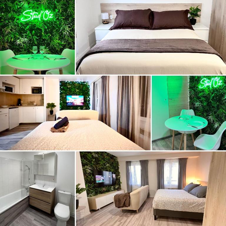 un collage de photos d'une chambre et d'un lit dans l'établissement *Stud'Oz* Paris - Disneyland - Val d'Europe, à Ozoir-la-Ferrière