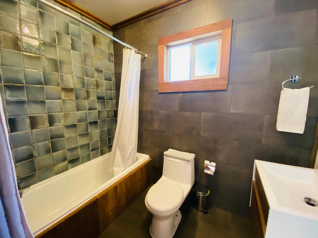 a bathroom with a toilet and a tub and a sink at Carpinterito cabaña, ensenada campestre in Puerto Varas