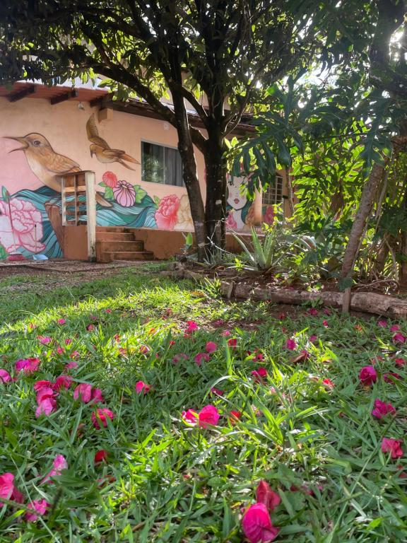 Una casa con un pájaro pintado a un lado. en Pousada Recanto dos Sonhos, en Alto Paraíso de Goiás