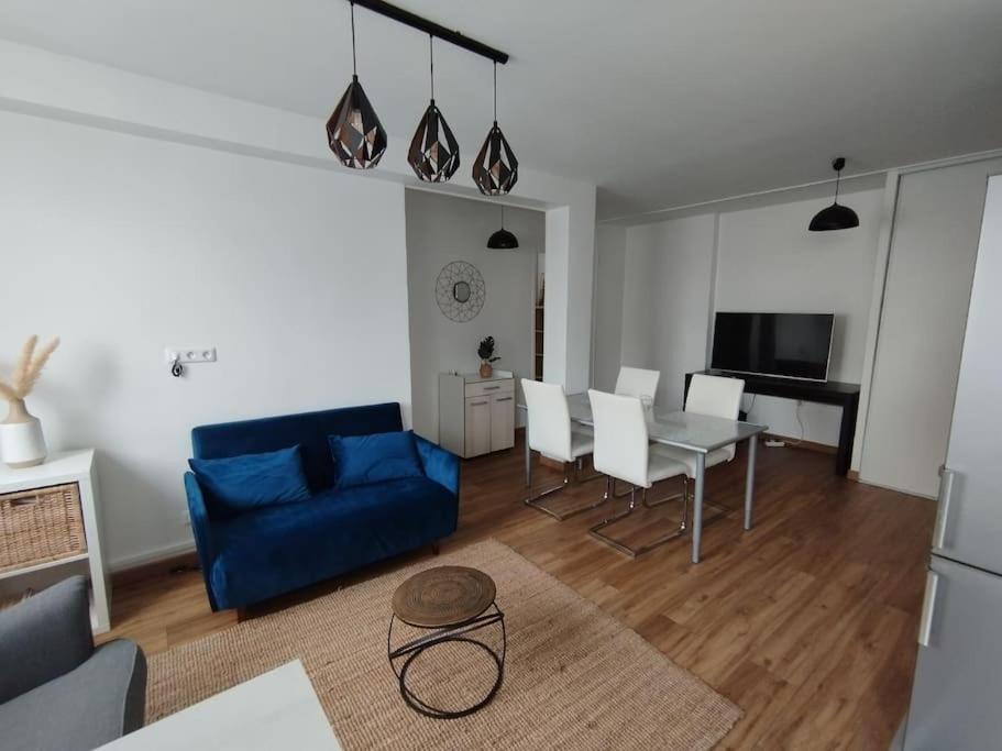 ein Wohnzimmer mit einem blauen Sofa und einem Tisch in der Unterkunft Logement spacieux rénové, calme et proche du métro in Villeurbanne