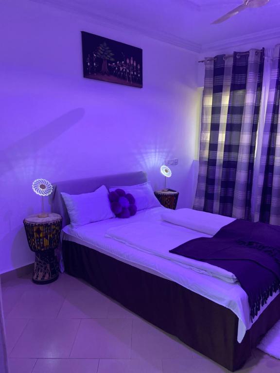una camera da letto viola con letto e luce viola di Kimberly’s Hotel a Tamale