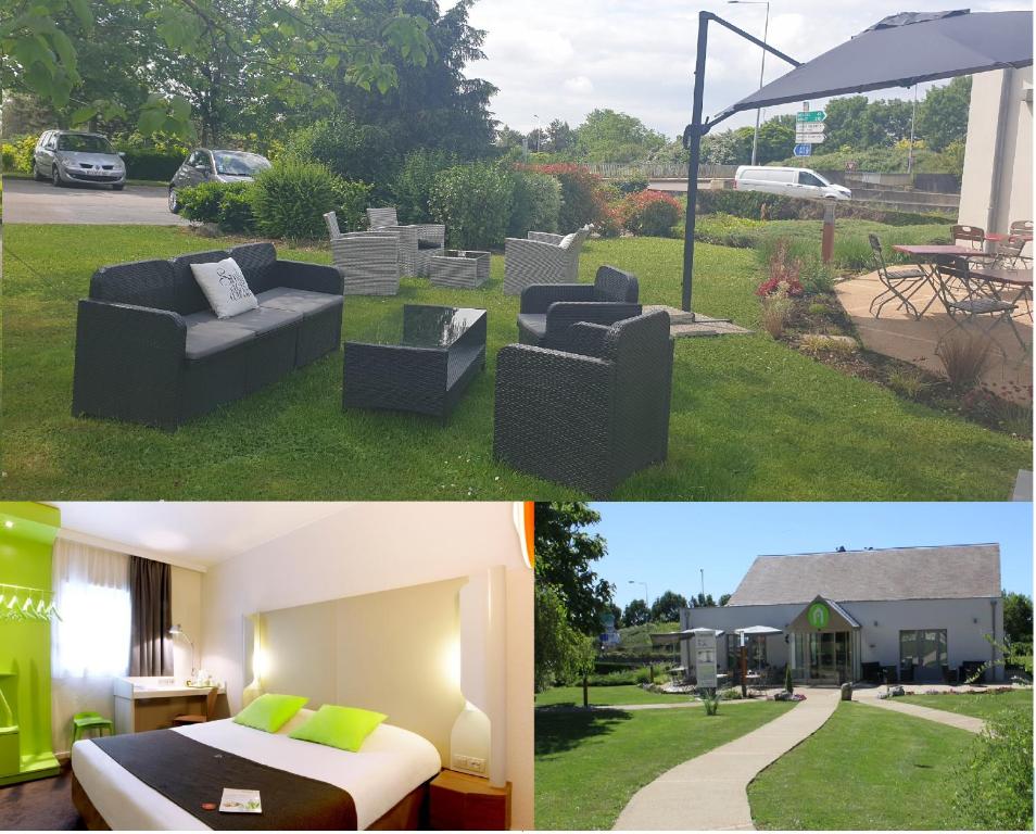 twee foto's van een kamer met een bed en een huis bij Hotel Campanile Besançon Nord Ecole Valentin in Besançon