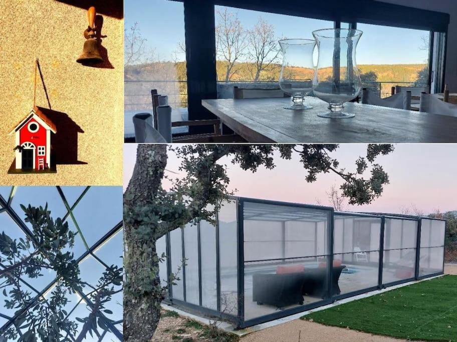 un collage di foto con una casa e una finestra di La Lumbre: encanto con piscina todo el año a Castillejo de Mesleón