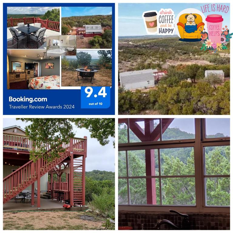 a collage of pictures of homes and buildings at Entire 2br 2ba hilltop view home Sleeps 8 pets 4 acres Jacuzzi Central AC Kingbeds Free Wifi-Parking Kitchen WasherDryer Starry Terrace Two Sunset Dining Patios Grill Stovetop Oven Fridge OnsiteWoodedHiking Wildlife CoveredPatio4pets & Birds Singing! in Marble Falls