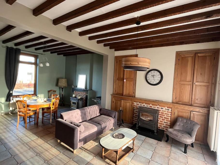 ein Wohnzimmer mit einem Sofa und einem Kamin in der Unterkunft Maison Gognies Chaussée 