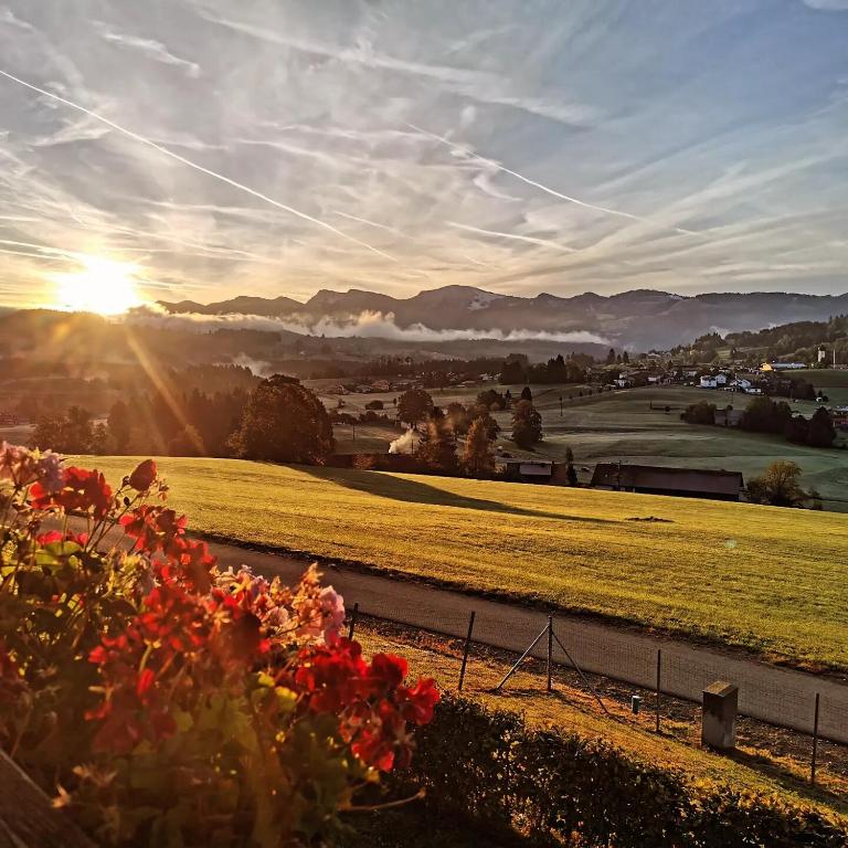 a view of a field with the sunset in the background at Ferienwohnung Alpenblick Dorner - VON MARTIN in Oberreute
