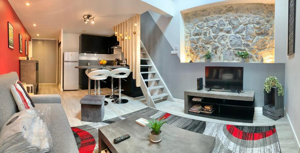 uma sala de estar com um sofá, uma televisão e uma cozinha em Chez Margaux T2 Hyper-centre pedestrian street Cosy #C3 em Grenoble