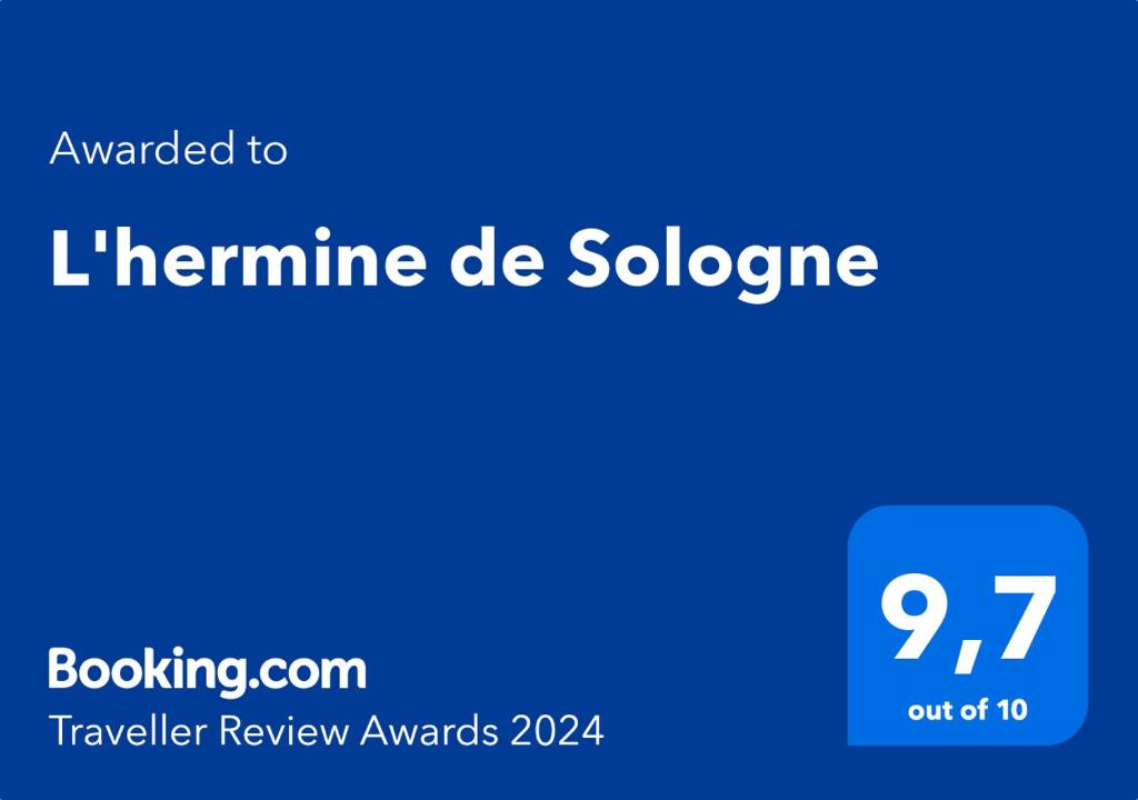 Sertifikāts, apbalvojums, norāde vai cits dokuments, kas ir izstādīts apskatei naktsmītnē L'hermine de Sologne