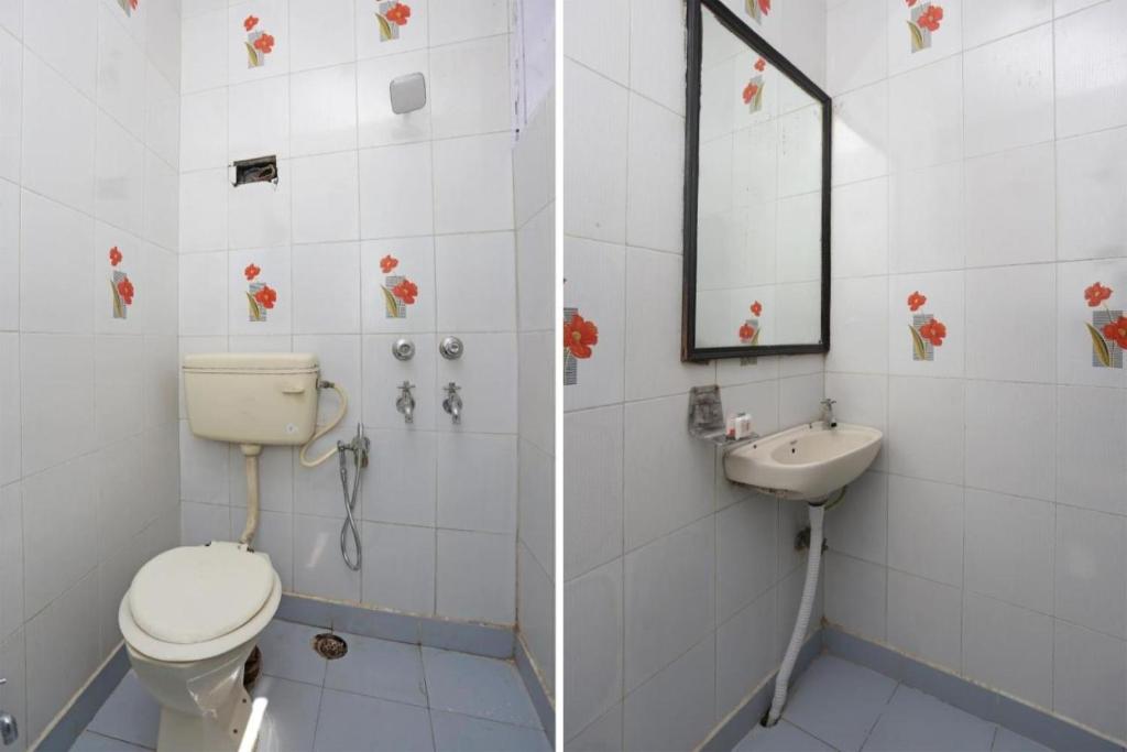 two pictures of a bathroom with a toilet and a sink at next building sheela cinema hotel in New Delhi