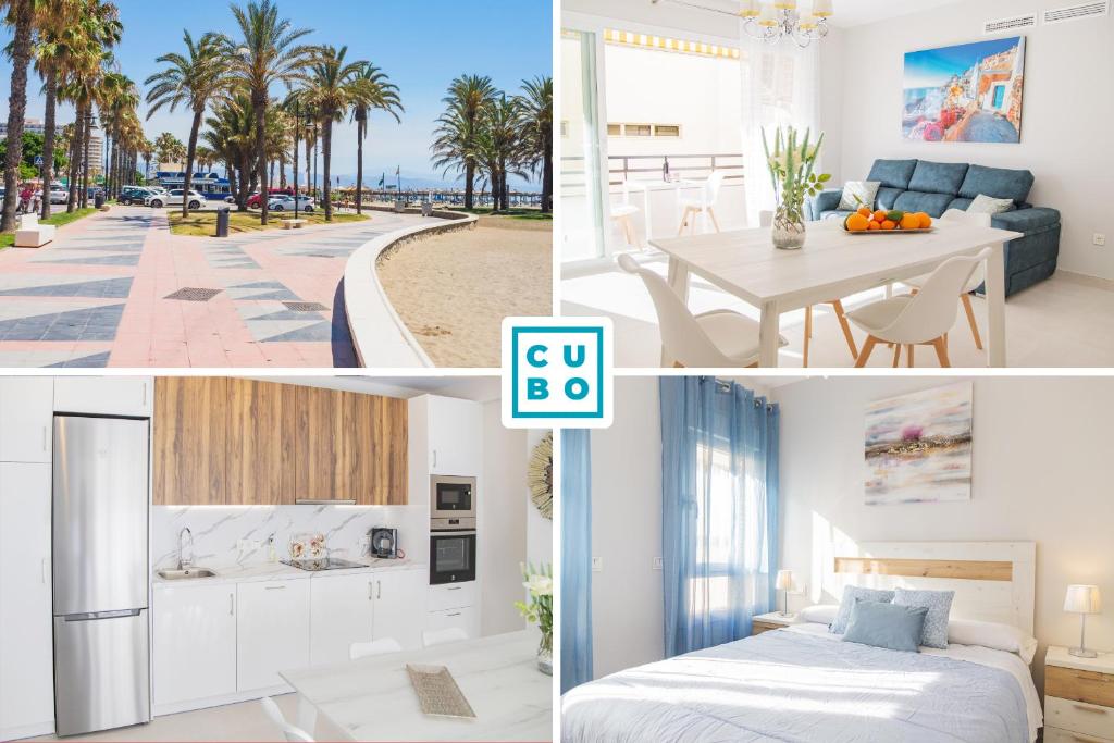 a collage of photos of a bedroom and a living room at Cubo's Apartamento Perla del Sol 3I in Torremolinos