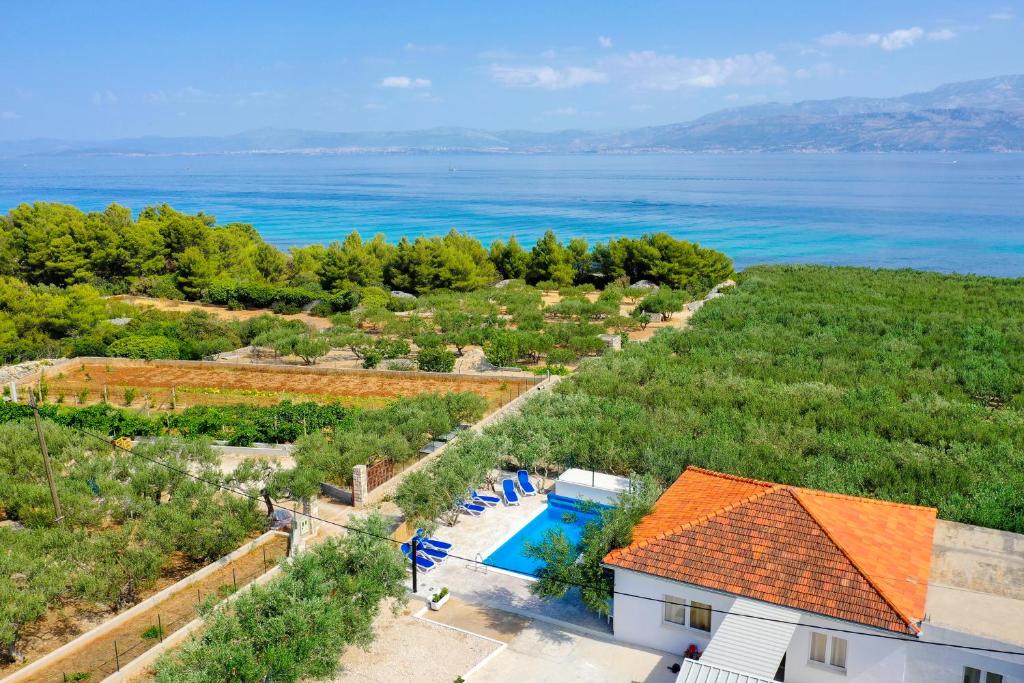 an aerial view of a house with a swimming pool and the ocean at Holiday Home Malačnica in Supetar