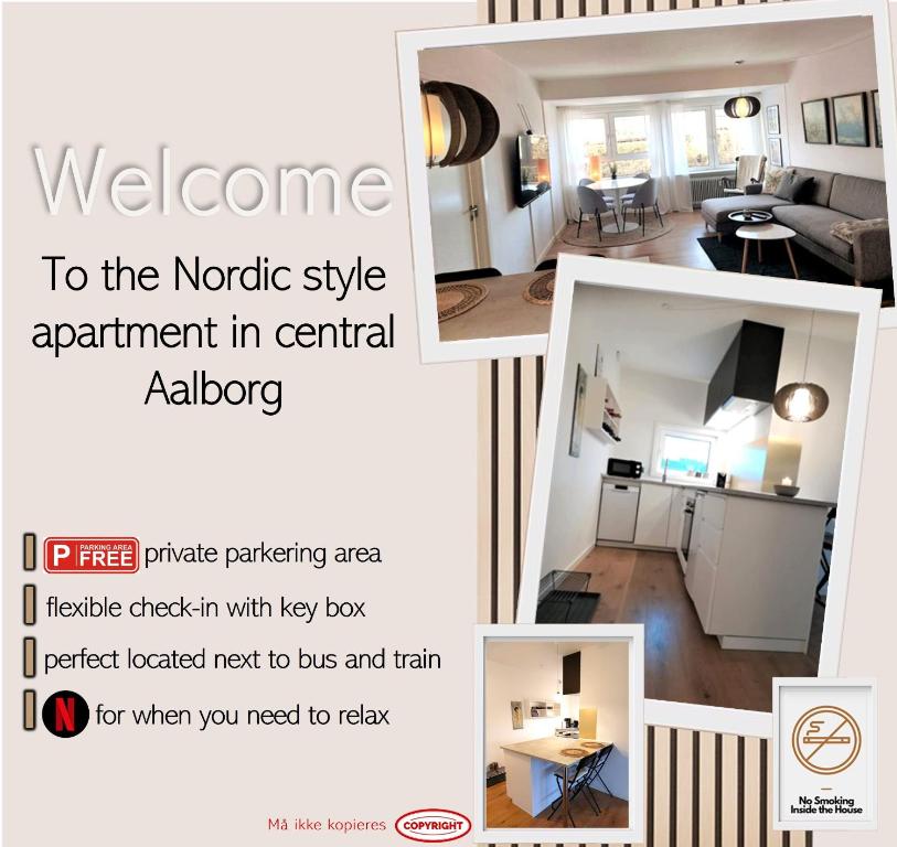 eine Collage mit Fotos von einem Wohnzimmer und einem Apartment in der Unterkunft Nordic style apartment in central Aalborg in Aalborg