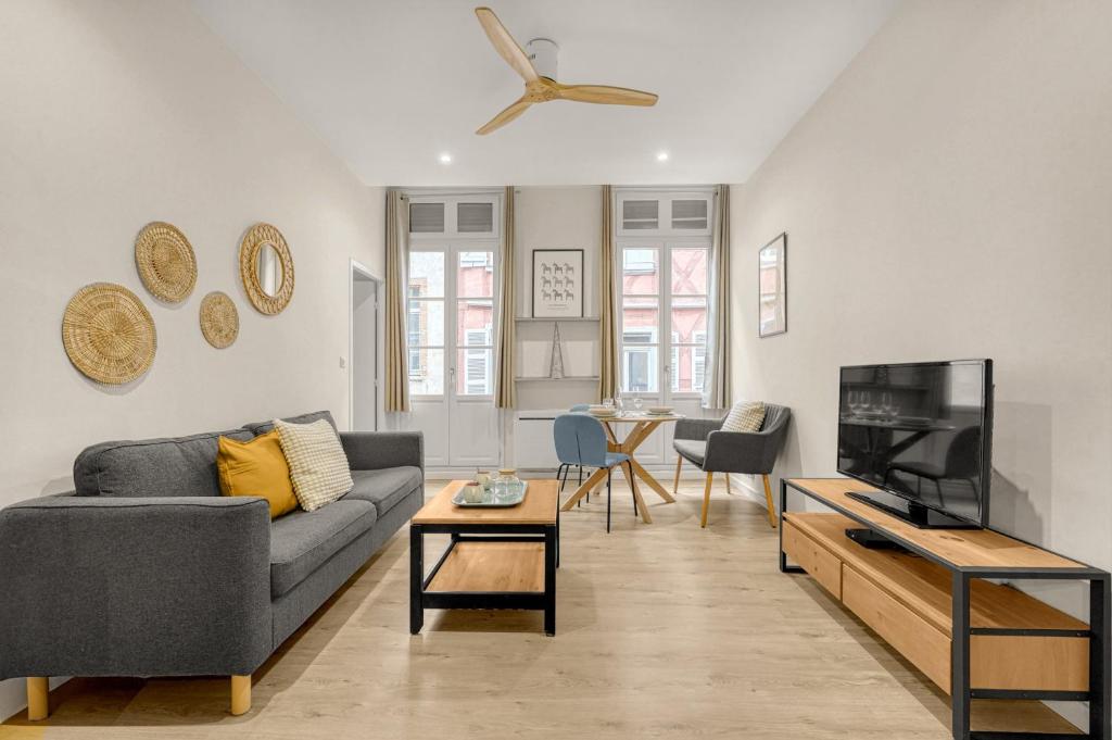 un salon avec un canapé et une télévision dans l'établissement Roma Maximus - coeur historique vieille ville, à Toulouse