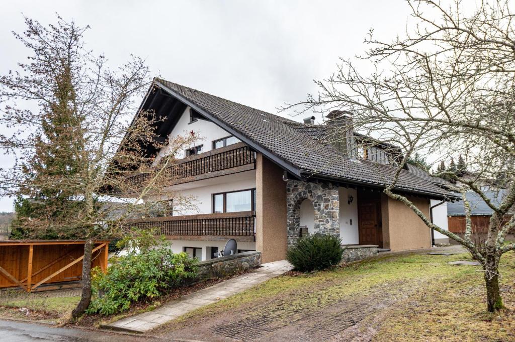a house with a black roof on a hill at Ferienwohnung Frische Brise in Grafenhausen