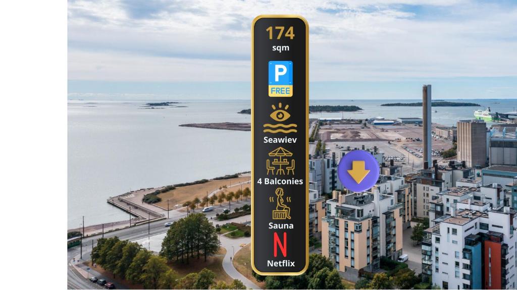 a pole with signs on it in front of a city at Spacious Home With four Terrace, Sauna, Sea View in Helsinki