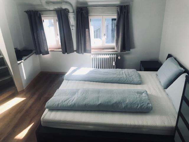1 dormitorio con 2 camas y 2 ventanas en Studio near Lake, en Zúrich
