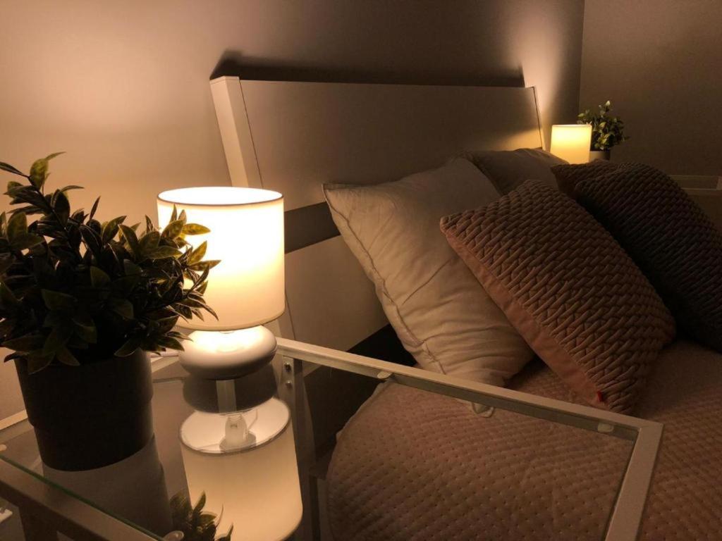 Zimmer mit einem Bett, einer Lampe und einer Anlage in der Unterkunft Apartamenty Centrum + parking in Toruń